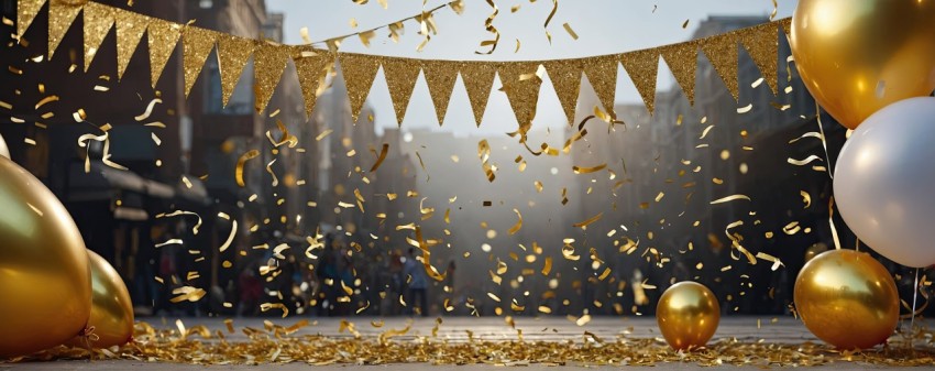 Christmas celebration banner with confetti and balloons decorations