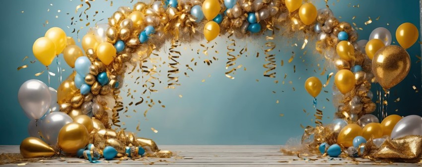 Christmas celebration banner with confetti and balloons decorations