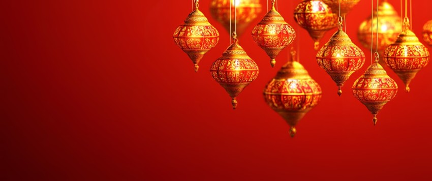 Golden Diwali Lanterns On A Bright Red Background Top Left