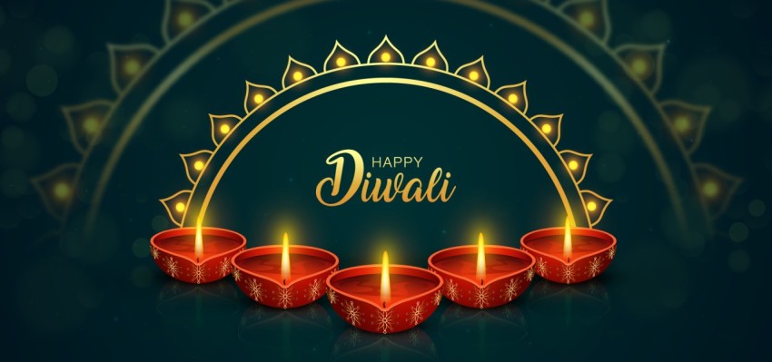 Happy Diwali Golden Diya Decoration With Rangoli Festival Of Light Background