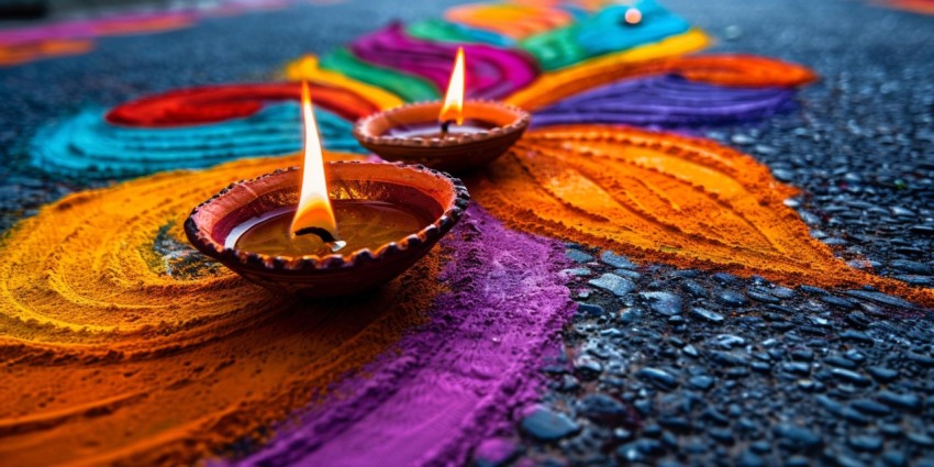 A Beautiful And Colorful Rangoli Design Made With Flowers Candles For Diwali Festival Background