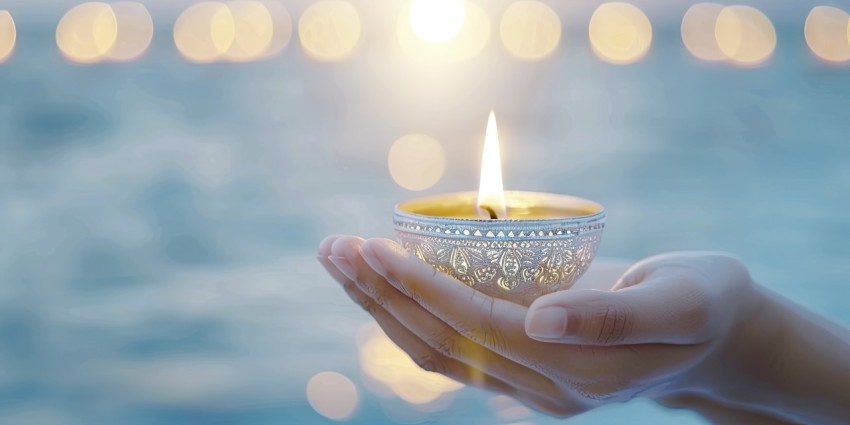 A woman's hands holding an oil lamp, symbolizing the spiritual e