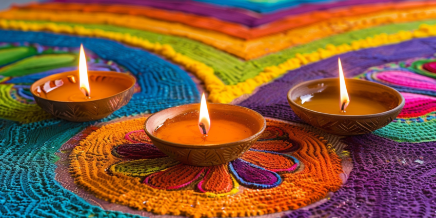 Colorful Clay Diya Lamps With Flowers On A Purple Background Happy Diwali Indian