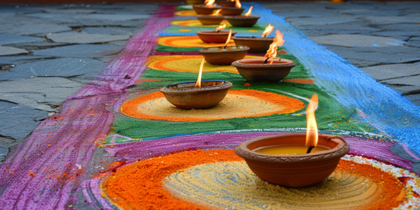 Diwali Celebration Diya Oil Lamps Lit On Colorful Rangoli Background