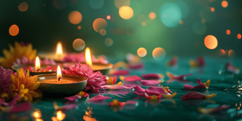 Happy Diwali Festival With Diya Oil Lamp And Floral Mandala On Night Blurred Bokeh Background