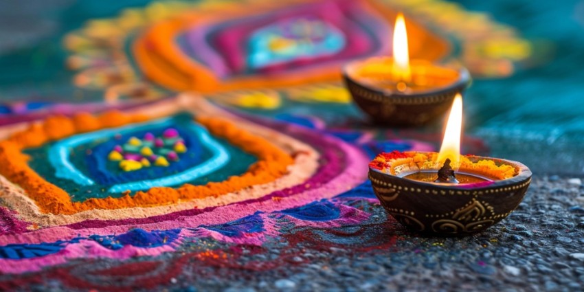 Traditional Rangoli Design Featuring Bright Flowers And Glowing Candles To  Diwali Background