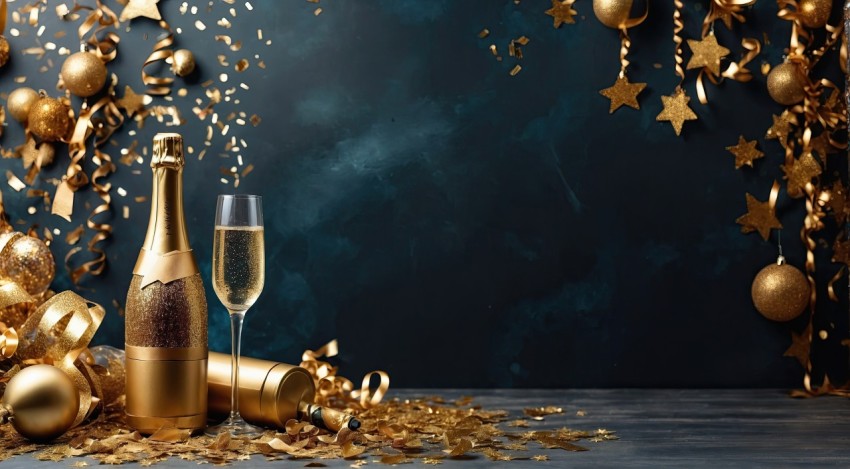 Christmas Celebration background with golden champagne bottle