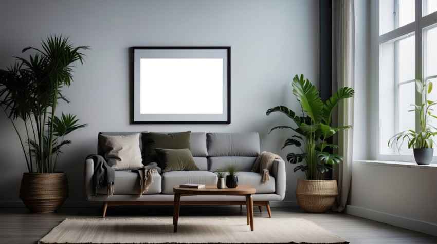 3D Living Room with an Artistic Poster mockup Wall Background