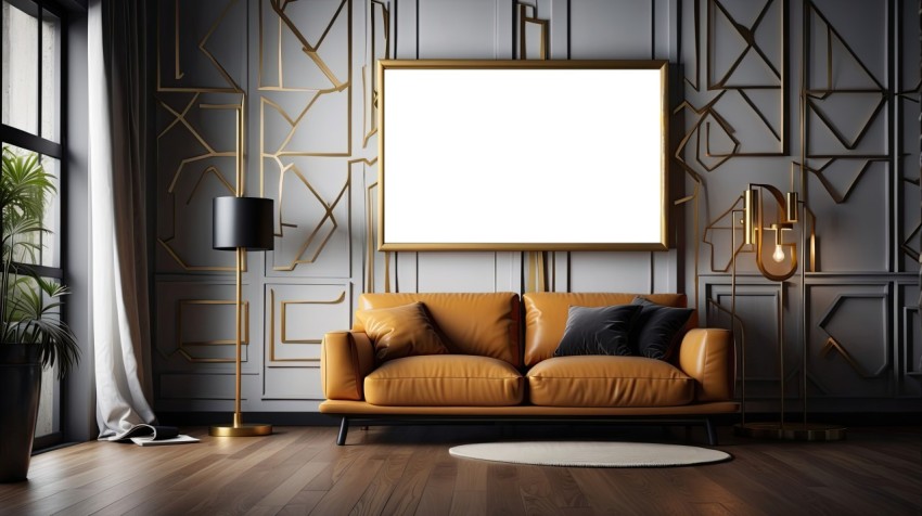 3D Living Room with an Artistic Poster mockup Wall Background