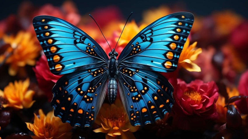 Blue Butterfly Perched on a Colorful Flower