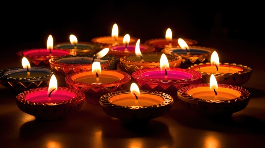 Diwali Candles On Black Background In Front Of A Colorful Table