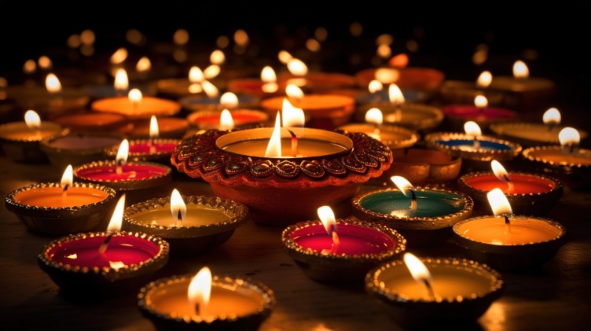 Group Of Lit Diwali Candles On A Dark Background