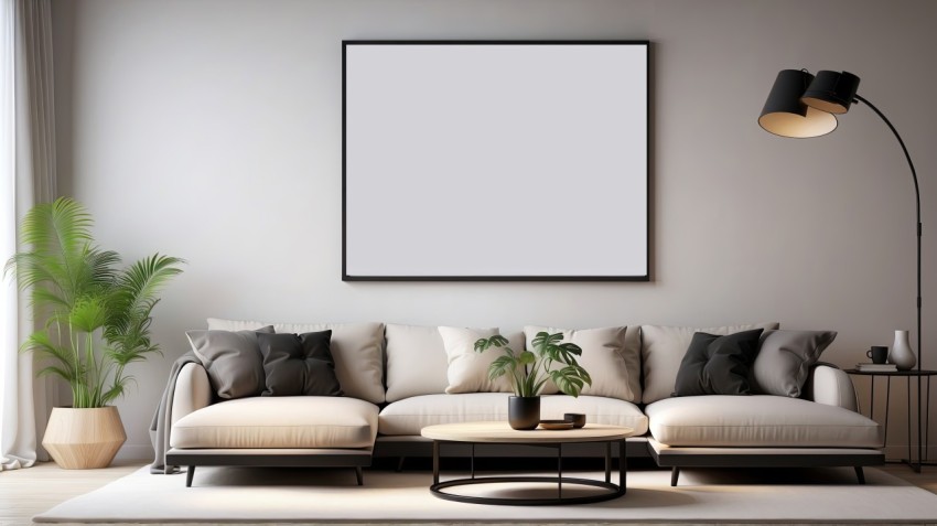 3D Living Room with an Artistic Poster mockup Wall Background