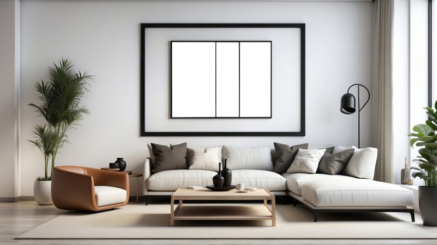 3D Living Room with an Artistic Poster mockup Wall Background