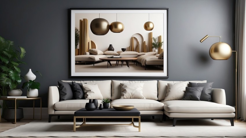 3D Living Room with an Artistic Poster mockup Wall Background