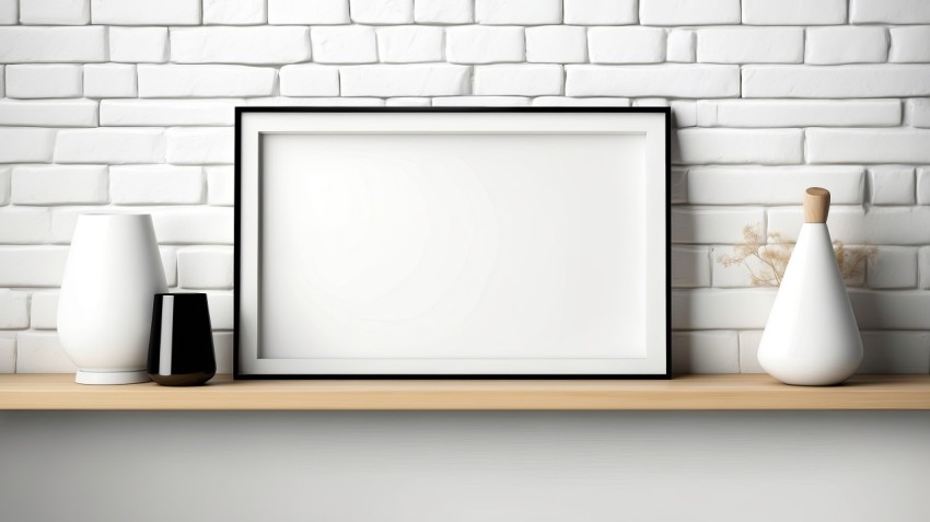 Blank Picture Frame Shelf On White  Brick Wall