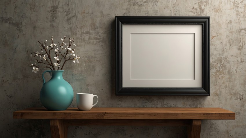 Blank Picture Frame On Shelf With Dirty Wall Background