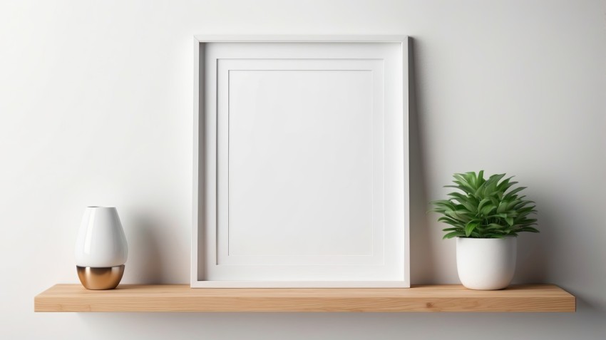 Blank Picture Frame On Shelf With White Wall