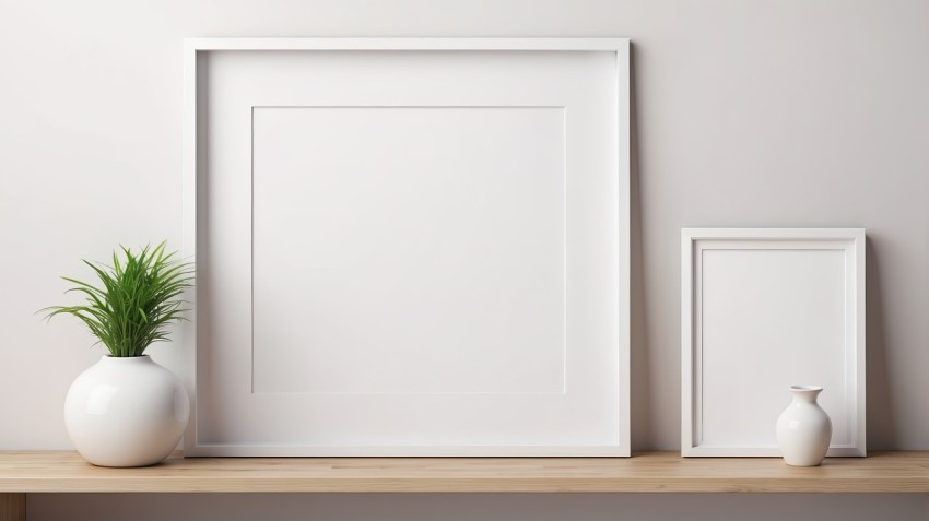 Empty Photo Frames On  Wooden Shelf