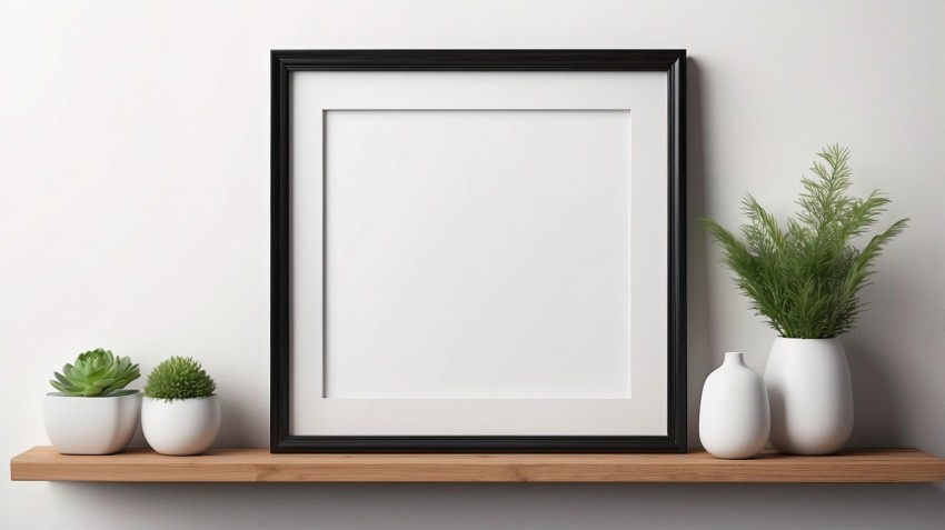 Empty Photo Frame Mockup On Wooden Shelf