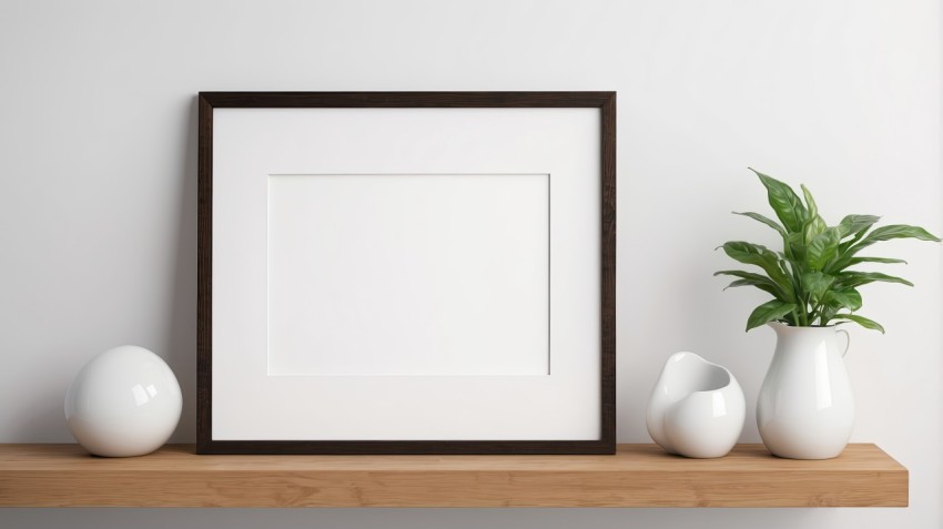 Empty Photo Frame  Mokcup On Shelf With White Wall