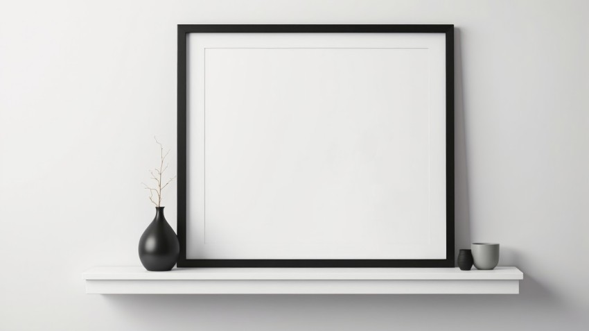 Blank Picture Frame On Shelf With A Picture Frame Wall