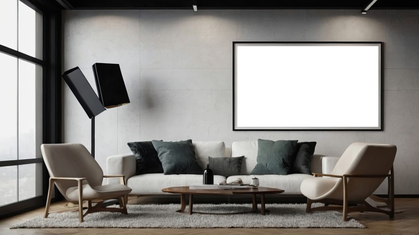 3D Living Room with an Artistic Poster mockup Wall Background