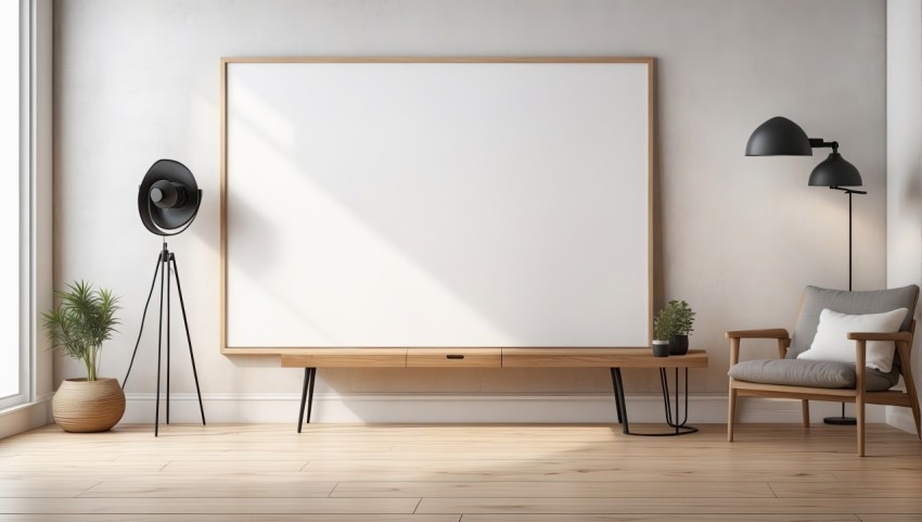 A blank horizontal white board screen frame