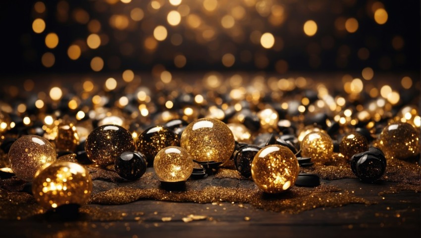 Dark gold and black glitter vintage lights background