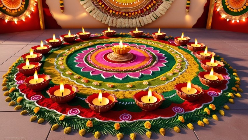 Diwali Candles Diya With Colorful Rangoli Happy Deepavali Background