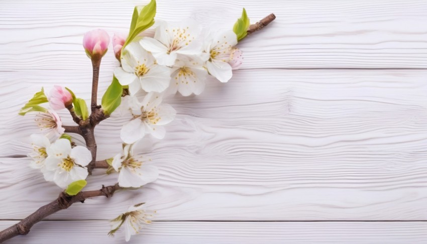 Apple Flowers On White Wooden Background