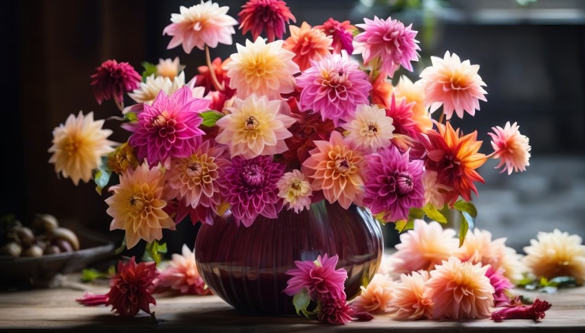 Autumn Bouquet Of Dahlia Flowers In A Vase