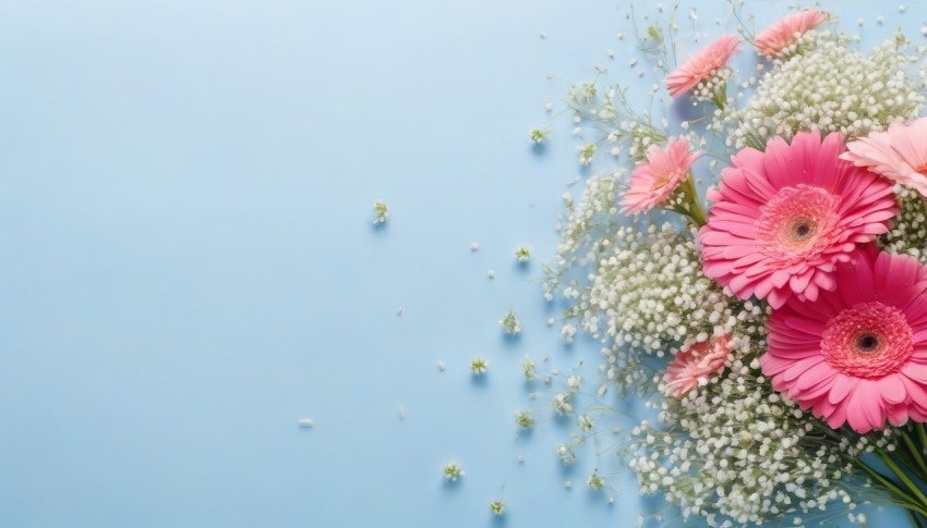 Babys breath flowers and pink gerbera flowers