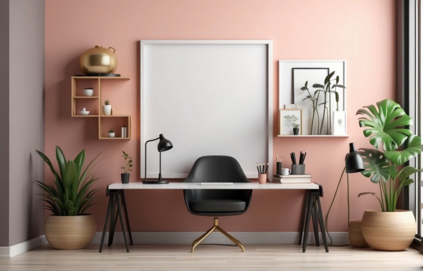 Empty Photo Frame With Workspace Interior Mockup