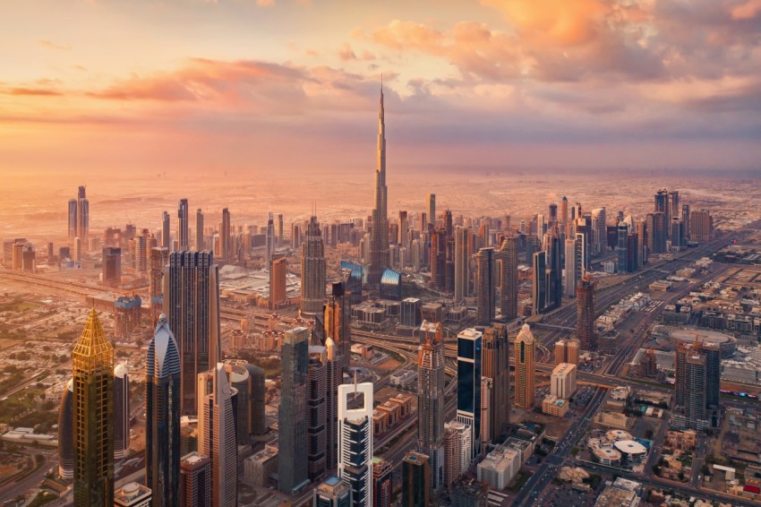 Aerial view of Burj Khalifa in Dubai Downtown skyline and highwa