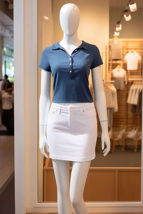 Mannequin Dressed in White and Blue Outfit with Clothing Racks