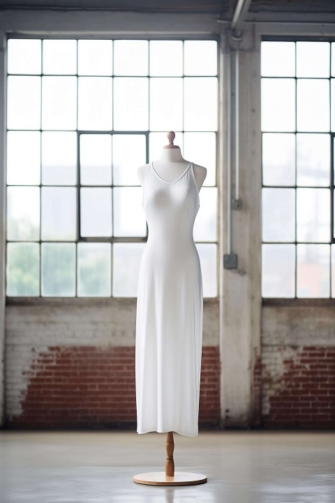 Mannequin Dressed in White on Wooden Stand with Window Background