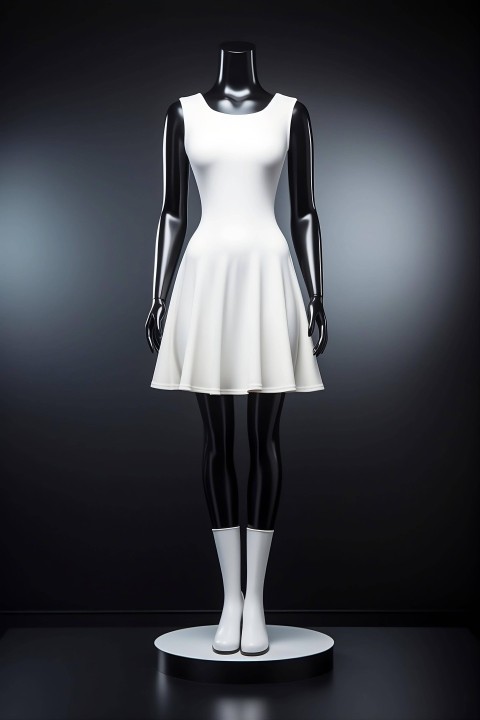 Mannequin Dressed in White with Black Shoes and Socks on Acrylic Stand