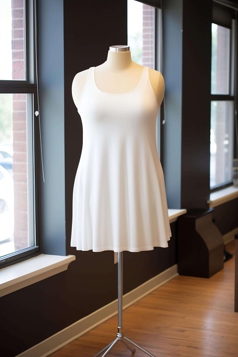 Mannequin in White Dress Standing in Front of Open Window