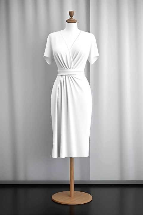 White Dress Mannequin on Display with Curtain Background