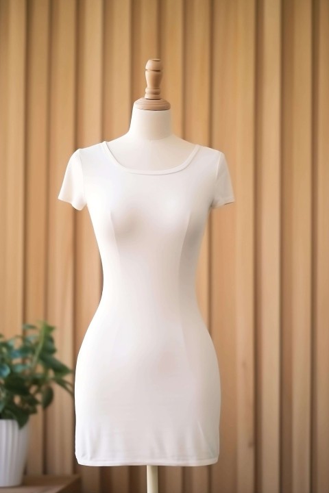 White Mannequin Shirt on Wooden Stand with Potted Plant