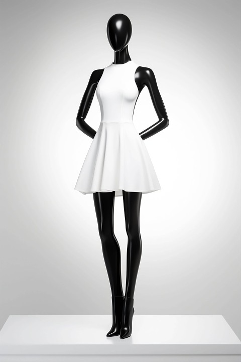 White-dressed Mannequin on Empty Pedestal with Black Background