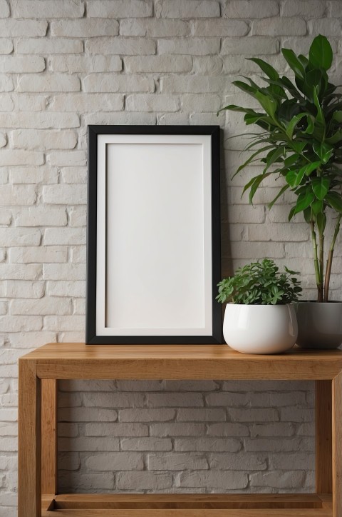 Blank Picture Frame On Shelf With White Brick Wall