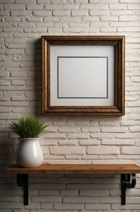 Blank Picture Frame On Shelf With Brick Wall