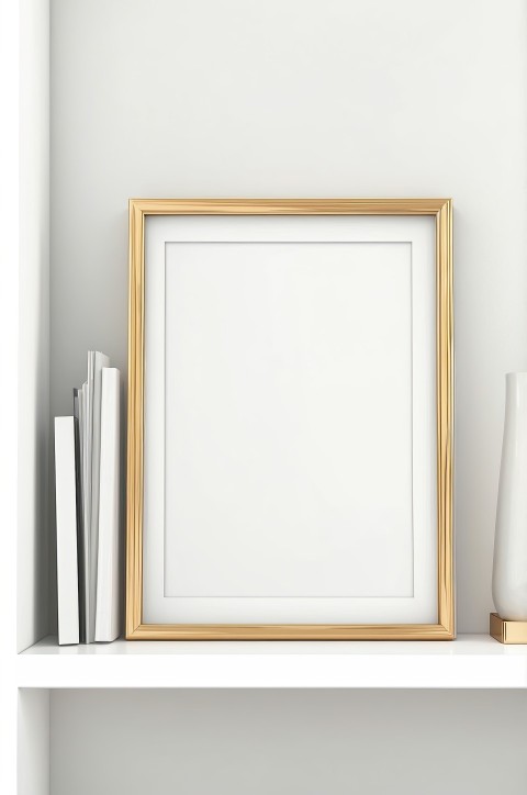 Blank Picture Frame On Shelf With White Wall