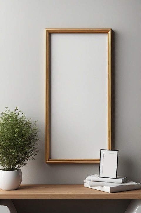 Blank  Golden Border Picture Frame On Shelf