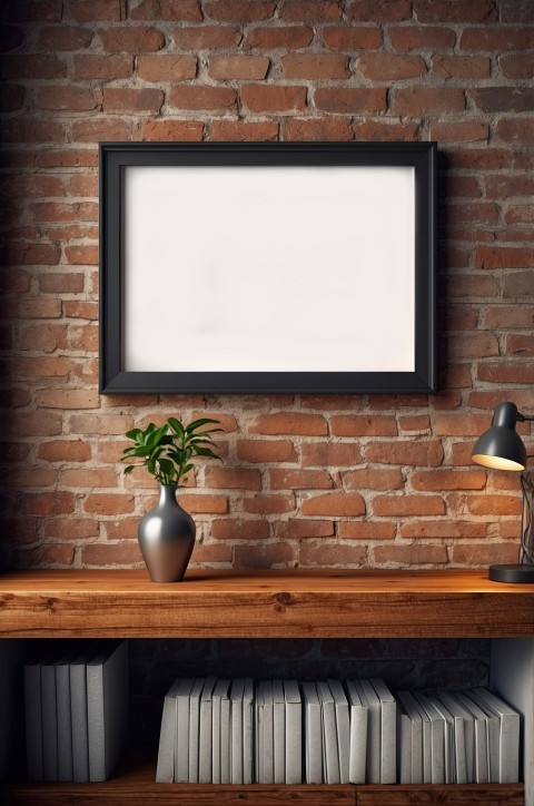 Blank Picture Frame On Brick Wall With Wooden Shelf