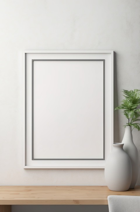 Empty Photo Frames With Wooden Shelf