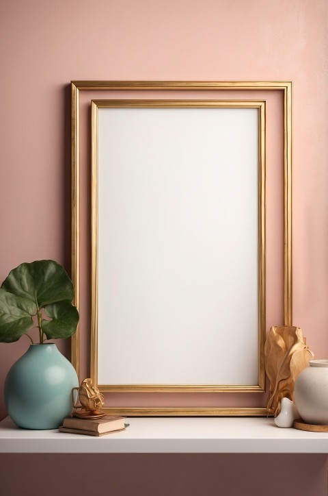 Empty Golden Photo Frames On Shelf Image