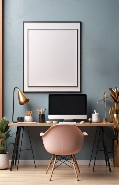 Empty Photo Frame With Workspace Interior Mockup